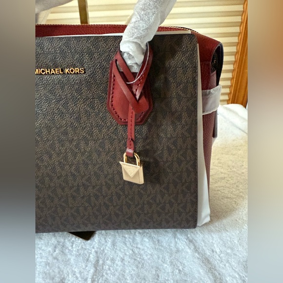 Michael Kors Brown MK signature  and Red Leather Mercer Satchel/Crossbody - Picture 3 of 10